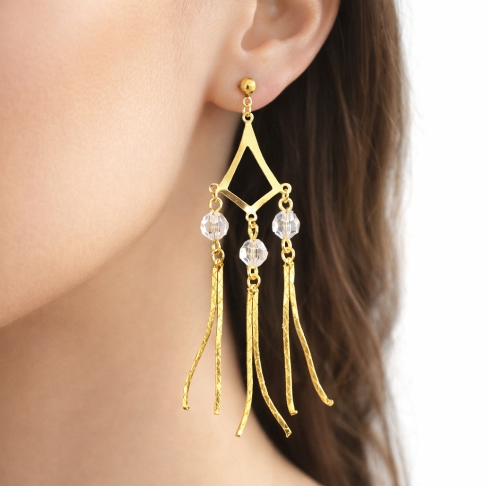 Women's Stunning Gold tone & Clear Beads Fringed Chandelier 3" Drop Earrings